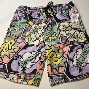 NWT Men's Comic Print Board Shorts with Drawstring Size Medium No Liner (Z)